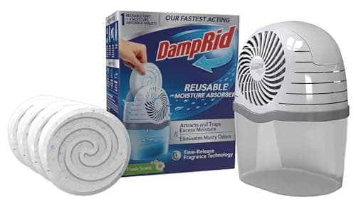 DampRid Reusable Moisture Absorber with 4 Drop-In Tablets, Fresh Scent, 15.8 oz., Attract and Trap Excess Moisture & Eliminate Musty Odors for Cleaner, Fresher Air