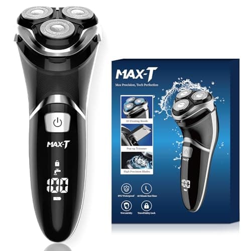 Men's Electric Shaver - MAX-T Corded and Cordless Rechargeable 3D Rotary Shaver Razor for Men with Pop-up Sideburn Trimmer Wet and Dry, IPX7 Waterproof, Plug & Play