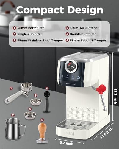 Tuni E2 58mm Espresso Machine 20Bar Espresso Maker, 𝐃𝐮𝐚𝐥 𝐁𝐨𝐢𝐥𝐞𝐫 Coffee Maker with 10mm Steam Milk Frother, Semi-automatic Coffee Machine with UKLA Pump for Espresso, Gift for Coffee Lover 8