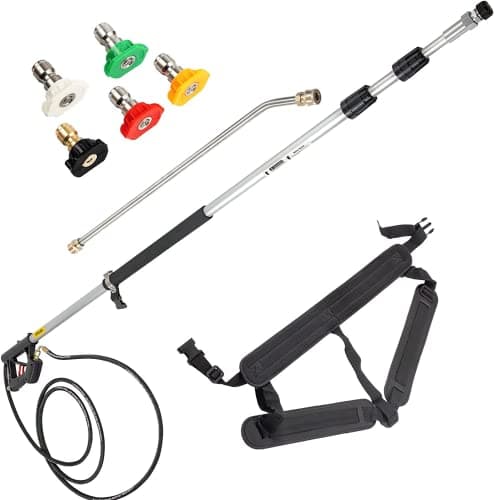 VEVOR Telescoping Pressure Washer Wand, Max. 18 ft Adjustable Power Washer Extension Wand, 4000PSI 9GPM Power Cleaning Tools w/ 5 Nozzle Tips, Strap Belt, 3/8'' & 1/4'' Quick Connectors, Silver/Black