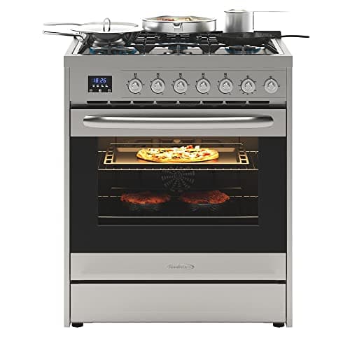 KoolMore 30” Inch Professional Gas Range Stove with 5 Burner Cooktop, Rapid Convection Oven, and Digital Timer with Heavy-Duty Cast Iron Grates, Stainless-Steel Appliance (KM-FR30G-SS),Silver