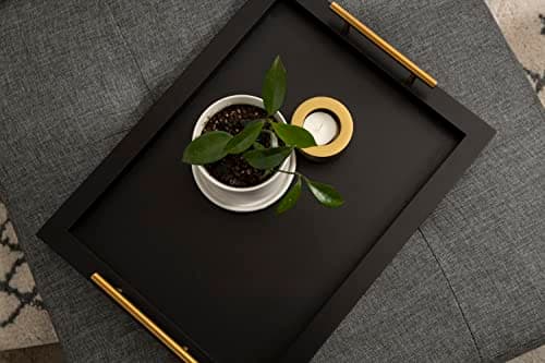 Kate and Laurel Halsey Rectangle Decorative Wooden Tray with Polished Metal Handles; 17 x 13; Black and Gold; Modern Glam Wood Rectangular Serving Tray for Display or Decoration 5