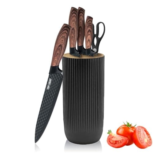 Knife Set, Wiztoynia 6-Piece Black Kitchen Knife Set for Home, Anti-Rust Non-stick Stainless Steel Sharp Chef Knife Set with Universal Knife Block for Kitchen, Ergonomical Design (Black)