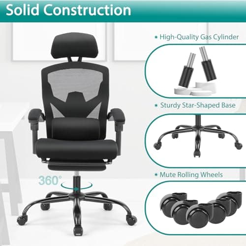 DUMOS Home Office Desk Chair with Footrest, High-Back Mesh Rolling Swivel Reclining Chairs with Wheels, Comfortable Headrest, Lumbar Support, Comfy Arms for Home, Office, Gaming, Student, Black 9