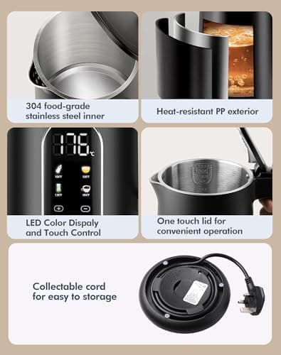 Electric Kettle with Precise Temperature Control, 1500W Fast Boil, 304 Stainless Steel 1.7L/1.8Qt BPA-Free | 4 Presets for Baby Milk, Coffee, Tea | 2H Keep Warm, Cool Touch Exterior 6