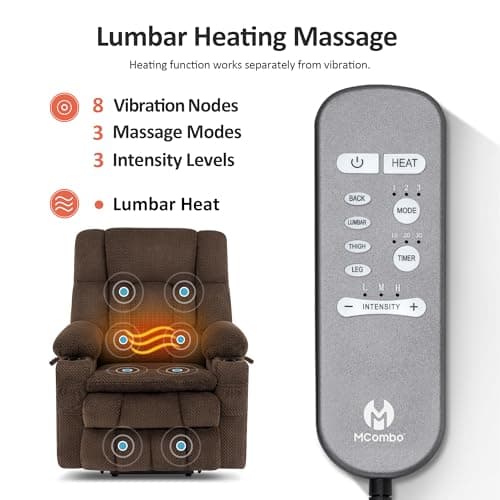 MCombo Dual Motor Power Lift Recliner Chair with Massage and Heat for Elderly People, Infinite Position, USB Ports, Cup Holders, Fabric 7890 (Medium, Mocha) 7