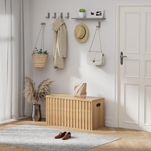 UEV Storage Bench,39.4" Wood Box, Storage Trunk with 2 Safety Hinges, Ottoman Storage Chest, Fluted Storage Bench for Bedroom, Entryway, Living Room(Natural Wood) 6