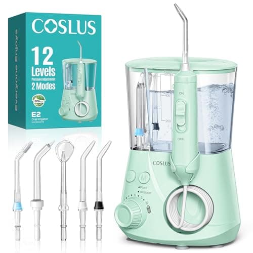 COSLUS E2 Excellent Water Flosser for Teeth Cleaning: 12 Pressure Settings & 2 Modes for Orthodontic, Braces, Sensitive - Patented Storage, 5 Jet Tips and 600ML Tank for Family, Home Use, Green