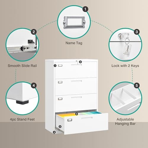 4 Drawer Lateral File Cabinet with Lock,White Lateral Filing Cabinet,Horizontal Metal Filing Cabinet,Locked Wide Four Drawer File Cabinet for Office Home,Fit A4/F4/Letter/Legal File,-Assembly Required 5