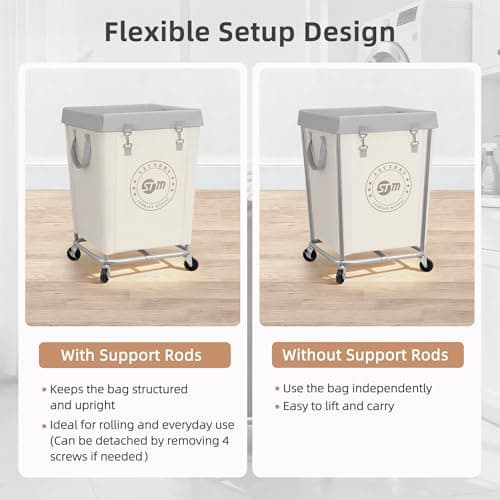 STORAGE MANIAC Commercial Laundry Hamper with Heavy Duty Steel Frame, 160 L Industrial Laundry Basket Cart with Wheels for Hotel, Home, Laundry Room, 18''L x 18''W x 31''H, Medium Beige 5