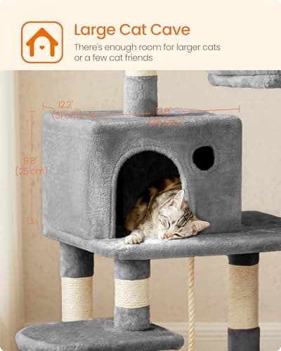 Feandrea Cat Tree, 56.3-Inch Cat Tower, Multi-Level Plush Condo with 11 Scratching Posts, 2 Perches, Hammock, Cave, Light Gray UPCT15W 7