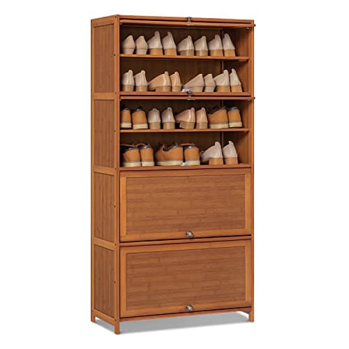 MoNiBloom 8 Tier Shoe Cabinet, Bamboo Free Standing Shoe Shelf Storage Rack with Flip Doors for 27-32 Pairs Home Entryway Hallway Office Bedroom, Brown