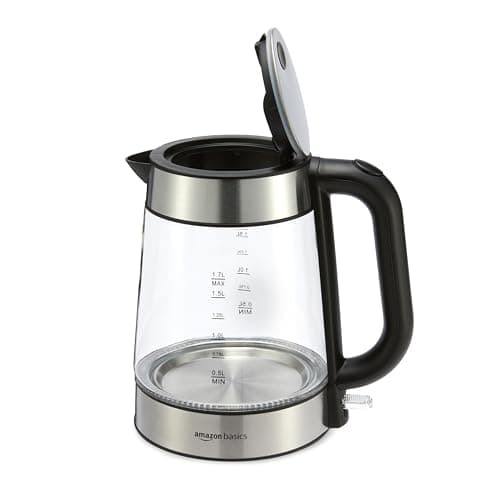 Amazon Basics Electric Kettle with Glass Carafe for Tea and Coffee, BPA-Free, Fast Boiling, Auto Shut-Off, Boil-Dry Protection, Water Level Indicator, 1.7 Liter, 1500W, Black and Silver 5