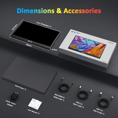 KYY 4K Portable Monitor for Laptop, 15.6'' Computer Screen Extender UHD 3840x2160,100% sRGB, 400 Nits, IPS Travel Monitor w/Speakers & Smart Cover for Laptop Xbox PS5 Switch PC Phone, VESA Compatible 9