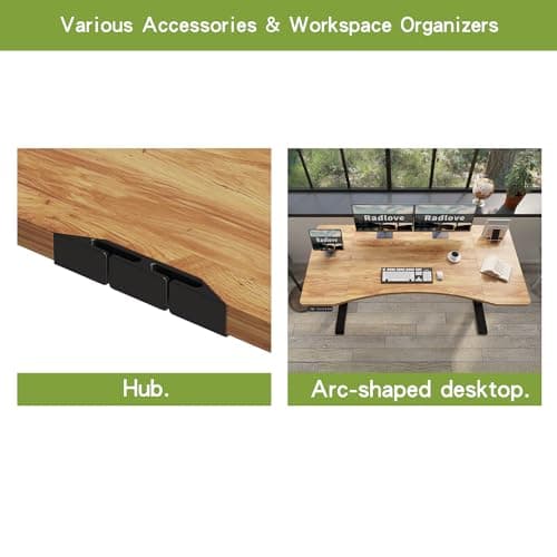 Radlove Dual Motors Height Adjustable 55 x 30'' Electric Standing Desk with Curved Design Stand Up Table 4 Memory Keys, Computer Desk with Splice Board Home Office Desk, Light Brown Top + Black Frame 4