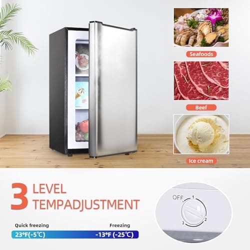 Upright Freezer with Reversible Single Door, 3.5 Cubic Feet Stainless Steel Compact Freezer, Silver Adjustable Thermostat Removable Shelves Mini Freezer, Applicable to Home, Kitchen, Office 5