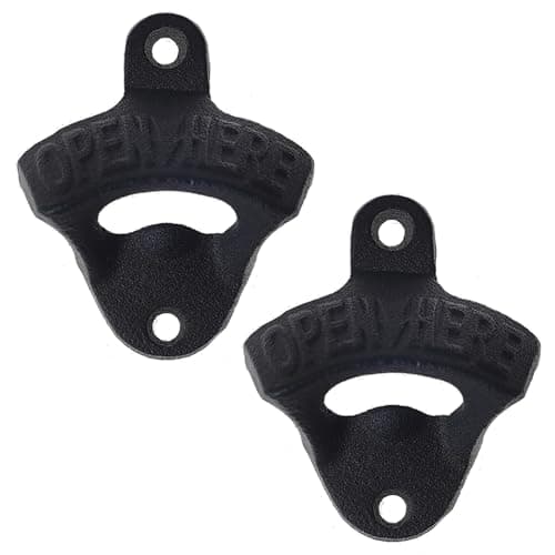 Jumiok Black Bottle Cap Opener Wall Mounted Cast Iron Beer Bottle Opener Stationary Metal Open Here (Pack of 2)