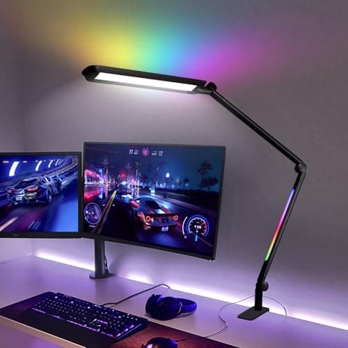 ilumeplay LED Desk Lamp with Clamp RGB for Home Office 24W Modern Architect Table Light with Flexible Swing Arm 5CCT Dimmable for Gaming Computer Balck