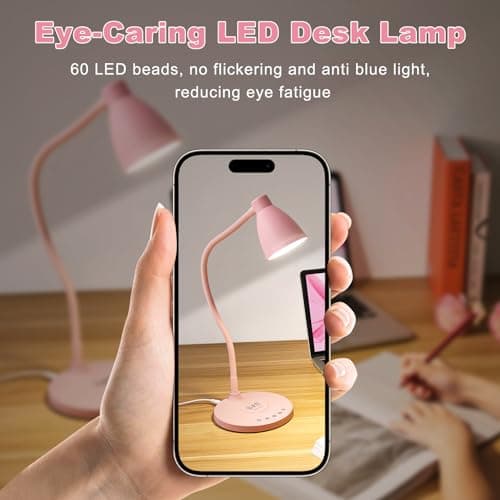 BOHON Cute Desk Lamp with USB C+A Charging Ports, Wireless Charger Pink Lamp, 5 Colors Stepless Dimming Reading Light, Touch Bedside Table Lamp, LED Desk Light for Home Office College Dorm Room Pink 8