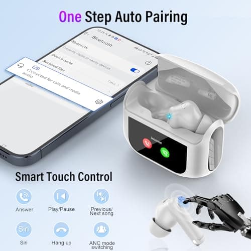 Wireless Earbuds, Bluetooth 5.4 Headphones with Multifunctional Touch Screen, 48H Bass Stereo Ear buds with ANC/ENC Noise Cancelling/Transparency mode, IPX7 Earphones with 5 EQ Modes, Milky White 9