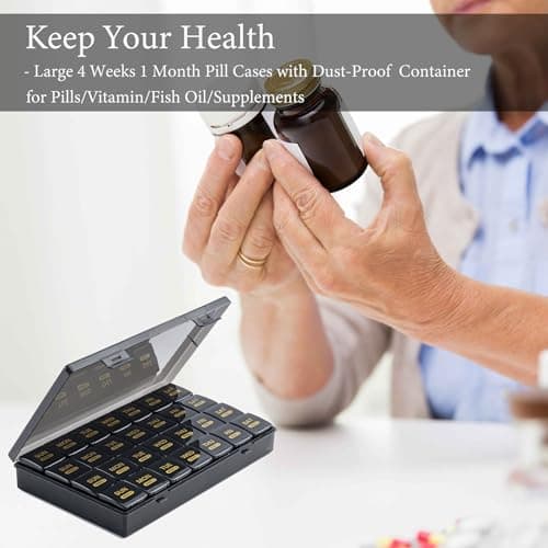 Monthly Pill Organizer, 28 Day Pill Box 1 Time a Day with Dust-Proof Case, Large 4 Weeks a Month Pill Case Container, Daily Vitamin Case Box for Pills/Medicine/Fish Oil/Supplements（Black） 7