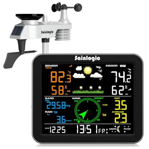 Sainlogic Weather Station Wireless Indoor Outdoor, Weather Station with Rain Gauge and Wind Speed/Direction, Temperature, Humidity, Air Pressure, Weather Forecast, Moon Phase, and Alarm, Black No WiFi