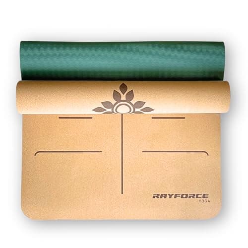 RAYFORCE Cork Yoga Mat 6mm – Non-Slip Grip Improves with Sweat – Thick Yoga Mat with Alignment Lines (72x26”)