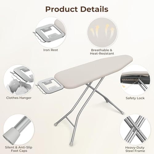 Yaheetech Foldable Ironing Board, Heavy Duty Iron Board with 9 Adjustable Heights, 4 Layer Cover and Safety Iron Rest, 52X14 Compact and Space Save Iron Board for Home Laundry Room Use, Beige 6