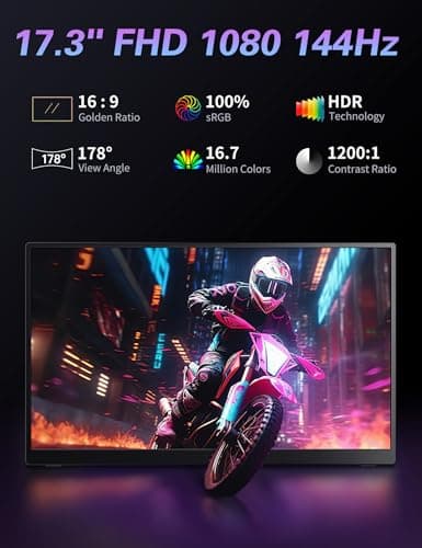 CAPERAVE Portable Monitor 17.3" 144Hz, FHD 100% sRGB HDR Portable Gaming Monitor, Travel Monitor with Kickstand & Speakers, USB-C HDMI External Screen for Laptop Mac Xbox Switch PS5/4 2