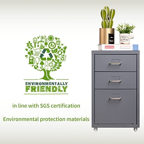 HollyHOME 3-Drawer Mobile Classification Storage Cabinet, Under Desk for A4 Mini File Cabinet, Mobile File Cabinet with Wheels for Home and Office, Grey 7