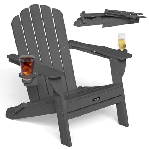 Eesdom Folding Adirondack Chair, HDPE Adirondack Chair with 2 Cup-Holders, Outdoor Fire Pit Chairs for Poolside, Garden, Patio, Grey