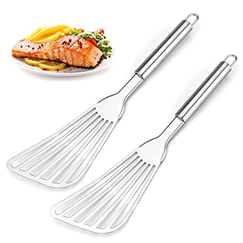 Cualork 2-Piece Premium Fish Spatula Set, Big Size Stainless Steel, Thickness Blade Turner for Cooking, Flipping, Frying and Grilling