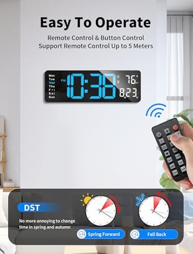 MASHI Digital Wall Clock, 16" Large Display Digital Clock with Remote Control, Auto-Dimming Wall Clock with Night Light, DST, Date Week,Temp for Living Room, Bedroom, Decor, for Elderly 5