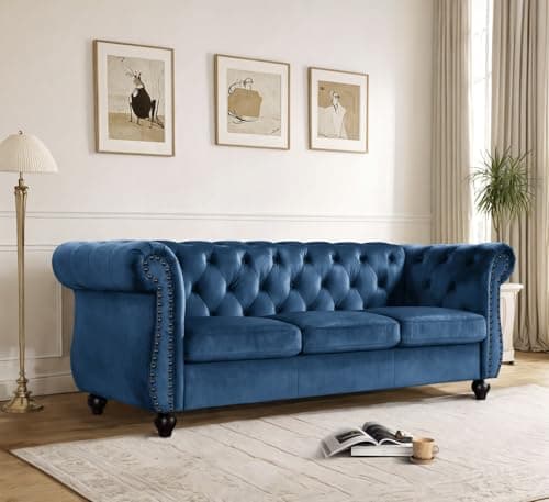 Container Furniture Velvet Chesterfield Couch, Button-Tufted Backrest, Rolled Arms, High-Density Foam with Spring Support, Elegant Accent Piece, Sofa, Dark Blue
