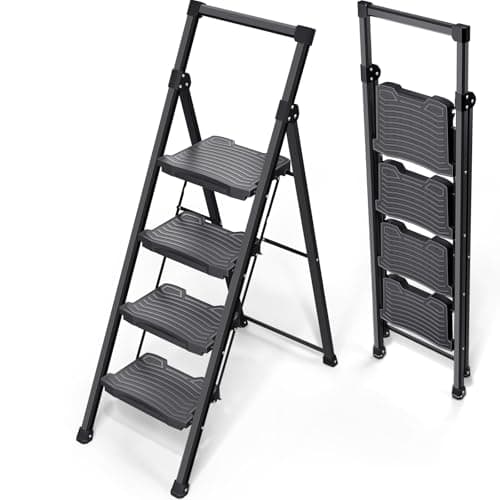 KINGRACK Step Ladder 4 Step Folding, 900lbs 4 Step Ladder with Anti-Slip Wide Pedal and Handrails, Lightwight Household Ladder, Pass 900LBS Testing, for Your Kitchen, Pantry, Closets, Office Use