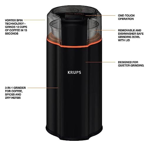 KRUPS Silent Vortex Electric Coffee Grinder: 3 oz Capacity, 5x Quieter, 175W Motor for Coffee Beans, Spices & Herbs - Removable Dishwasher-Safe Bowl, 12-Cup Yield, Black 7