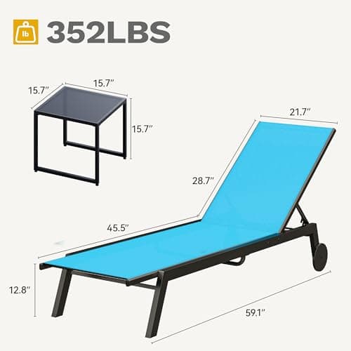 DWVO Outdoor Chaise Lounge Set, 2 Patio Chaise Lounge Chairs with Side Table, Textile Pool Loungers with 5-Level Backrest and Wheels for Beach, Lawn, Porch, Garden (Blue) 8