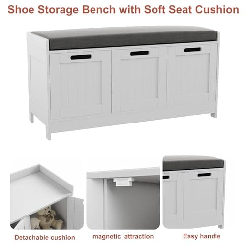 HOMEFORT Shoe Storage Bench, Wooden Shoe Bench with 3-Door Cabinets, Entry Way Home Organizer Bench, Entryway Bench with Padded Cushion Seat, White Storage Bench for Bedroom 5