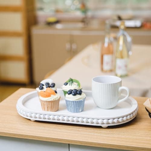 HPC Decor 15in Oval Wooden Tray - White Beaded Serving Tray, Rustic Farmhouse Vintage Centerpiece, Kitchen & Living Room Decor 5