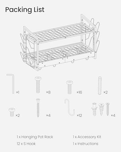 CHOEZON Hanging Pot Rack, Pot Rack Wall Mounted, 2-Tier Kitchen Pot and Lid Organizer, Wall-Mounted Pot Rack with 12 Hooks, for Kitchen Storage of Pots, Pans, Utensils, Rustic Brown TPR02BF 8