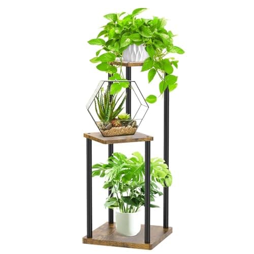 Oppro 3 Tier Corner Plant Stand Indoor, Metal Wood Flower Pot Holder Shelf, Multiple Display Rack Square Table for Living Room Bedroom Orchid Outdoor Balcony Garden Patio, Modern Black & Rustic Brown