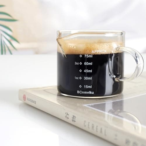 BCnmviku 2 PACK Espresso Glass Measuring Cup Triple Pitcher Milk Cup 75ML Espresso Cups with Handle Shot Glass with V-Shaped Mouth Clear Accessories Milk Frothing Pitcher (2) 5