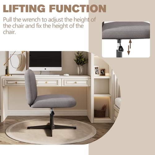 VIRRMO Armless Criss Cross Chair Comfy Office Chair with Lumbar Support Pillow Home Office Desk Chair No Wheels Computer Chair Vanity Chair for Makeup Room, Living Room Chairs (Grey+Black Base) 6