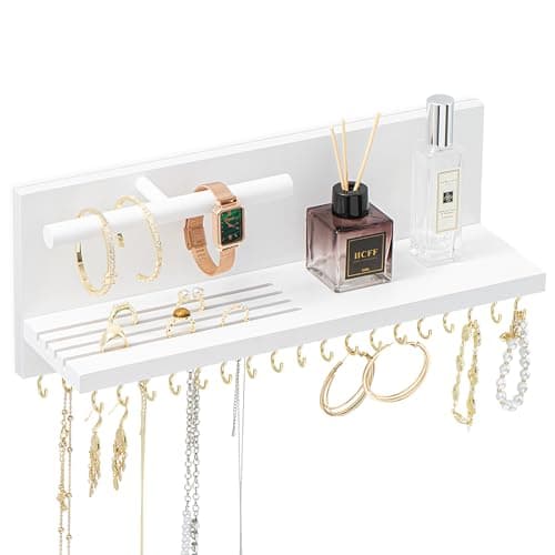 HappyHapi Hanging Jewelry Organizer Necklace Organizer Jewelry Hanger with 36 Hooks,Wall Mounted Jewelry Organizer for Necklace Earrings and Rings (White)