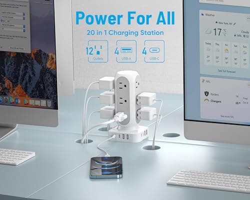 Flat Plug Power Strip Tower 10FT, 40W Total Fast Charging Station, Dual PD 20W USB-C Surge Protector with 12 AC Outlets and 8 USB Ports (4 USB C), Long Extension Cord for Home Office Dorm Room 2