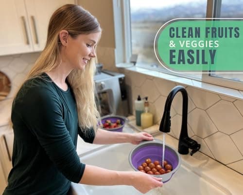 Ultimate Kitchen Strainers Set of 2 - Collapsible Silicone Colanders For Easy Storage by Comfify - Use with Pasta & Veggies or as a Fruit or Berry Bowl with Strainer - Irreplaceable for Campers-Purpel 6