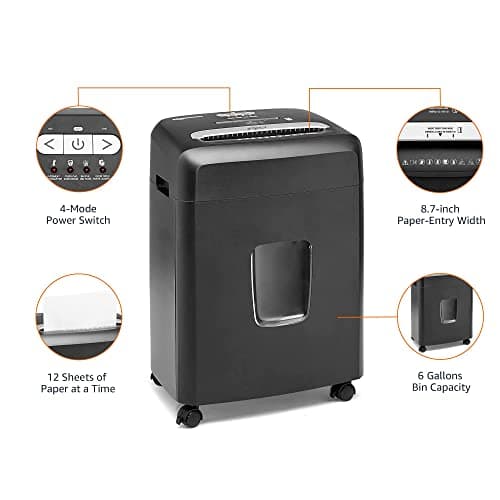 Amazon Basics 12 Sheet High Security Micro Cut Paper, Credit Card and CD Shredder with 6 Gallon Easy Emptying Bin, Casters, Black 5
