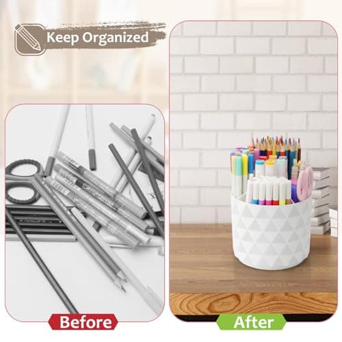 Nuozme Desk Organizer, 360-Degree Rotating Pencil Pen Holders For Desk, Diamond Pattern Pen Organizer With 5 Compartments, Cute Desk Accessories Decor For Office, School,Home,Art Supply (White) 7