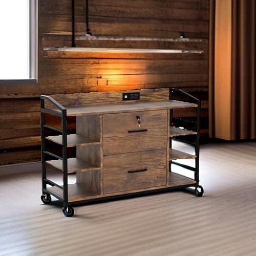 SEDETA 44" File Cabinet, Filing Cabinet fits Legal/Letter Size, 2 Drawer File Cabinets for Home Office with Lock, Power Strip, 6 Storage Shelves, Rustic Brown 6