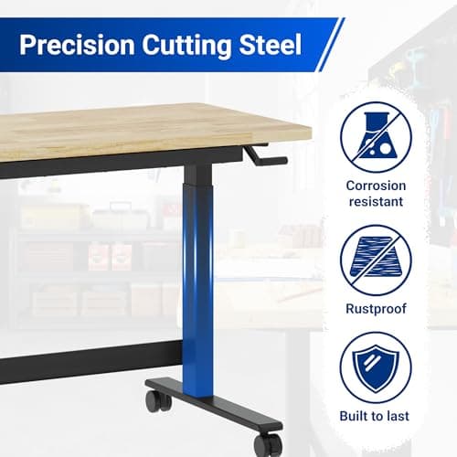 FLEXIMOUNTS 47.2" x 23.6" Adjustable Height Workbench with Hand Crank, Drawers & 360° Wheels – Rubber Wood Top Heavy-Duty Workstation & Steel Frame for Garage, Studio, Kitchen or Workshop 7